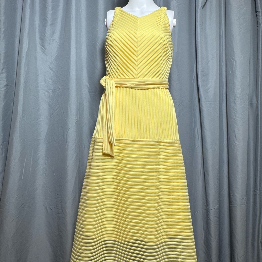 Antonio Melani Yellow Pleated Spring Maxi Dress Chevron Bodice Tie Belt Size 0